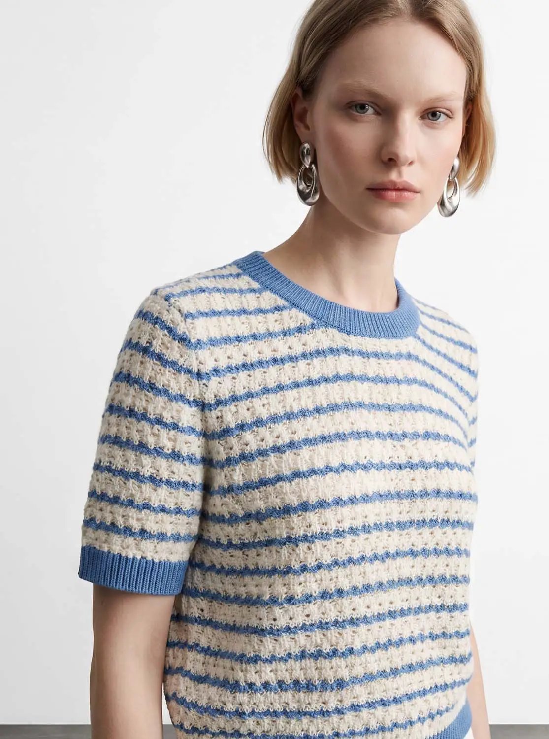 Cotton Striped Textured Knit Rib Trim T-Shirt, blue crew-neck with ribbed cuffs; cream and light blue stripes