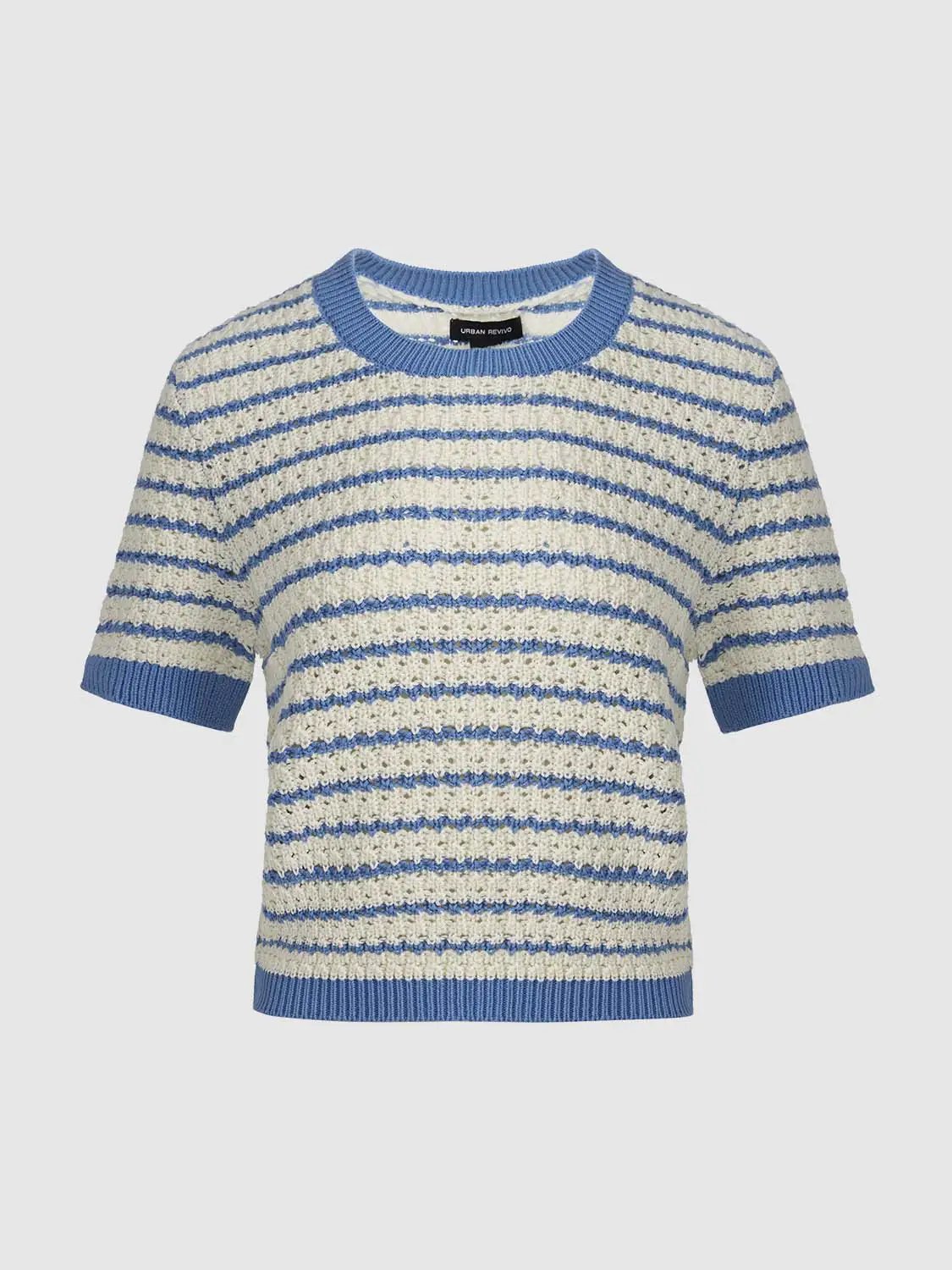 Cotton striped textured knit rib-trim T-shirt with blue and off-white stripes, short sleeves, Urban Revivo Fashion.