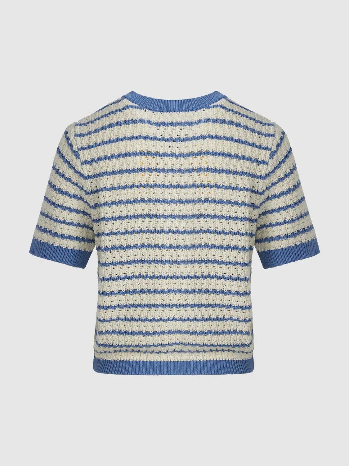 Cotton striped textured knit rib-trim T-shirt in blue/white stripes, Urban Revivo Fashion