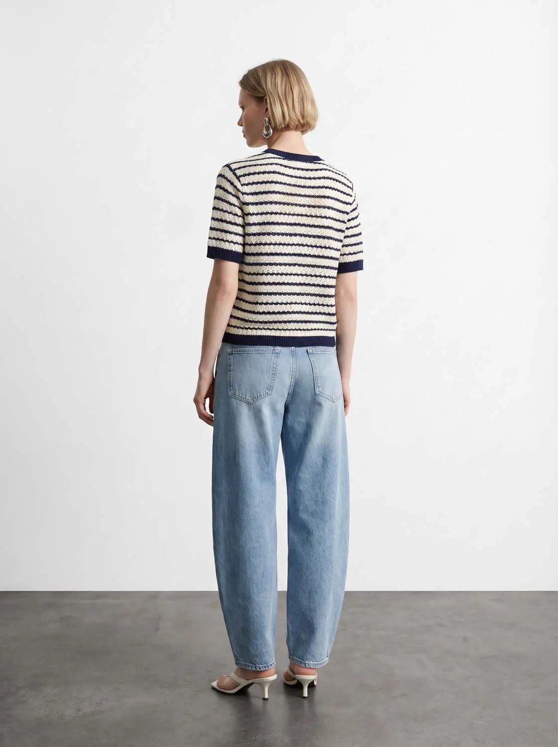 Cotton Striped Textured Knit Rib Trim T-Shirt; cream with navy stripes and navy rib trim