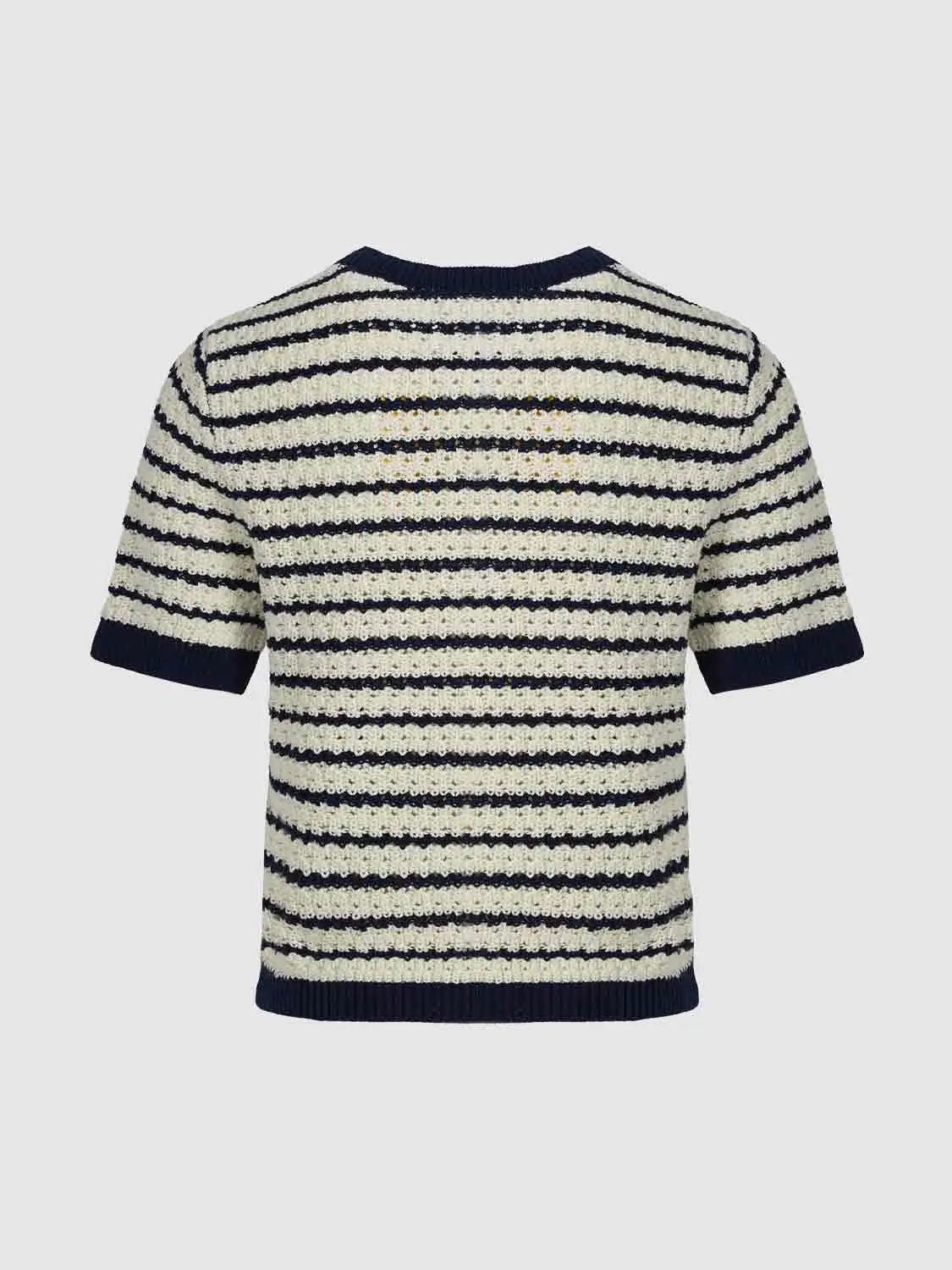 Cotton Striped Textured Knit Rib Trim T-Shirt, cream with navy stripes, short sleeves
