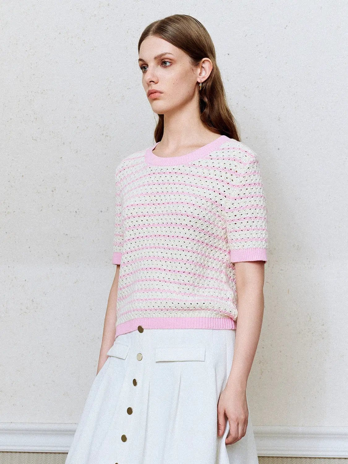 Cotton striped textured knit short-sleeve rib-trim T-shirt in pink and white.