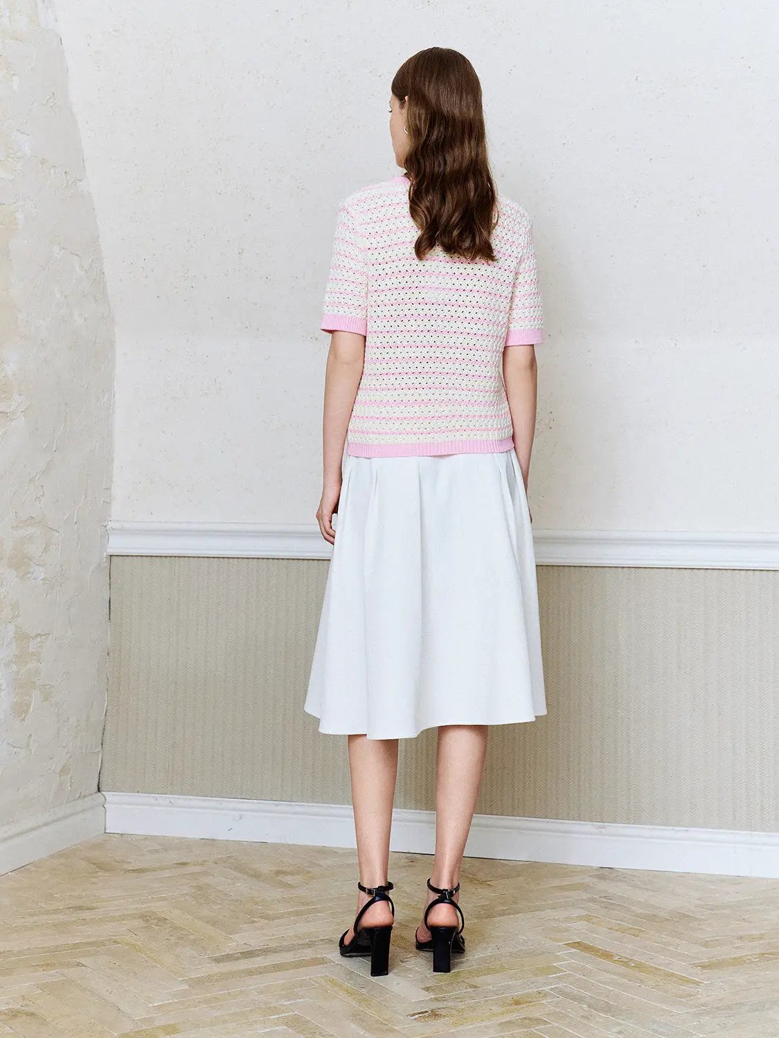 Cotton Striped Textured Knit Rib Trim T-Shirt in white with pink rib cuffs and hem.