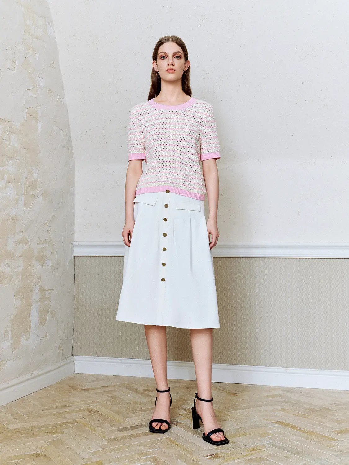 Cotton Striped Textured Knit Rib Trim T-Shirt, women's top by Urban Revivo Fashion; pink and white knit with rib trim.