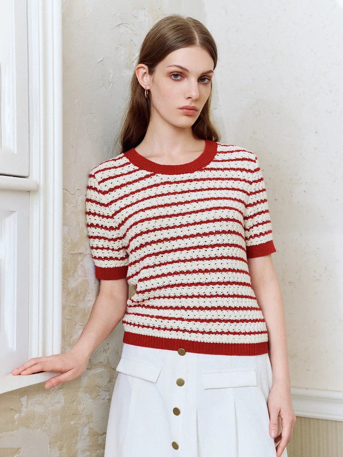 Cotton Striped Textured Knit Rib Trim T-Shirt in red and white by Urban Revivo Fashion