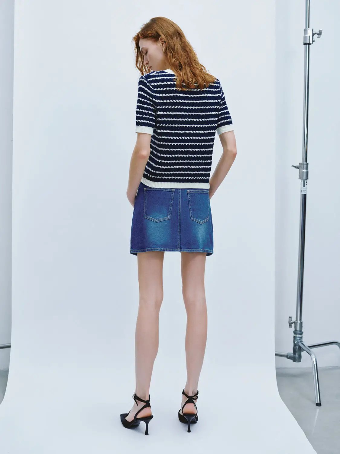Cotton Striped Textured Knit Rib Trim T-Shirt by Urban Revivo Fashion in navy and white stripes.