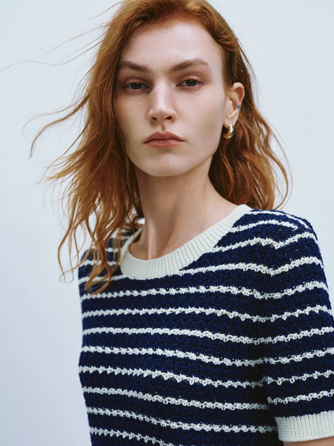 Cotton Striped Textured Knit Rib Trim T-Shirt navy and white striped knit top with ribbed collar