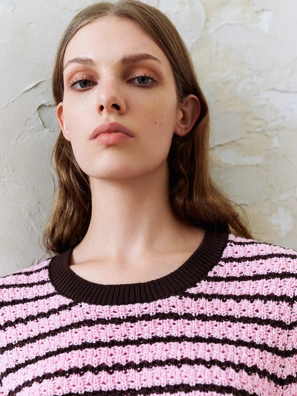 Cotton Striped Textured Knit Rib Trim T-Shirt by Urban Revivo Fashion in pink and brown