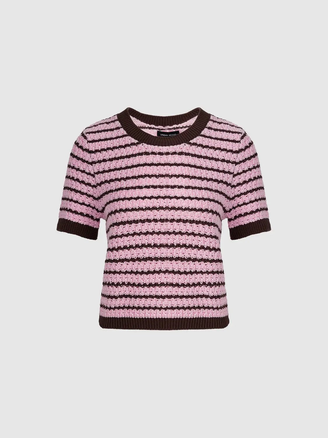 Cotton striped textured knit rib-trim T-shirt, pink and brown, short-sleeve by Urban Revivo Fashion