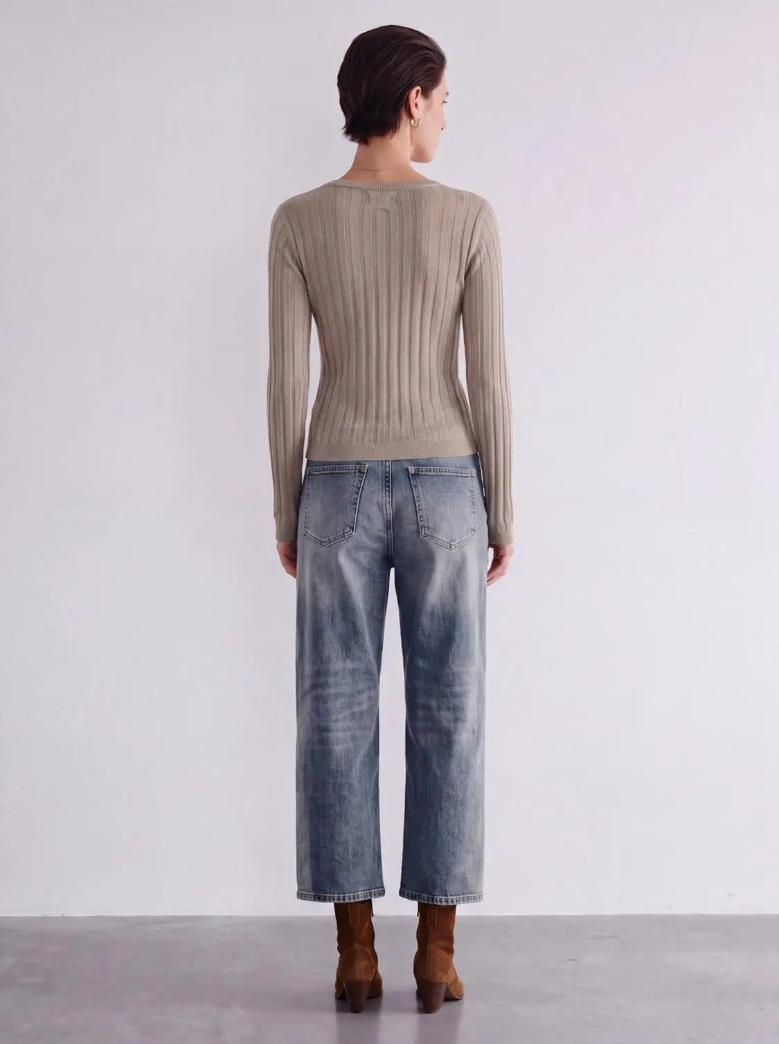 Rib Knit V-Neck Long Sleeve T-Shirt by Urban Revivo Fashion; beige rib-knit top