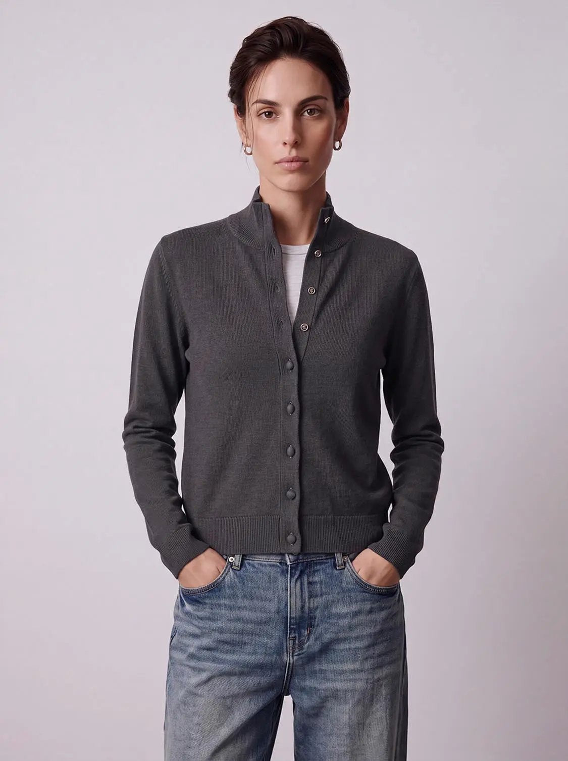 Women's mock-neck button-up knitted cardigan in dark gray with ribbed hem and cuffs.