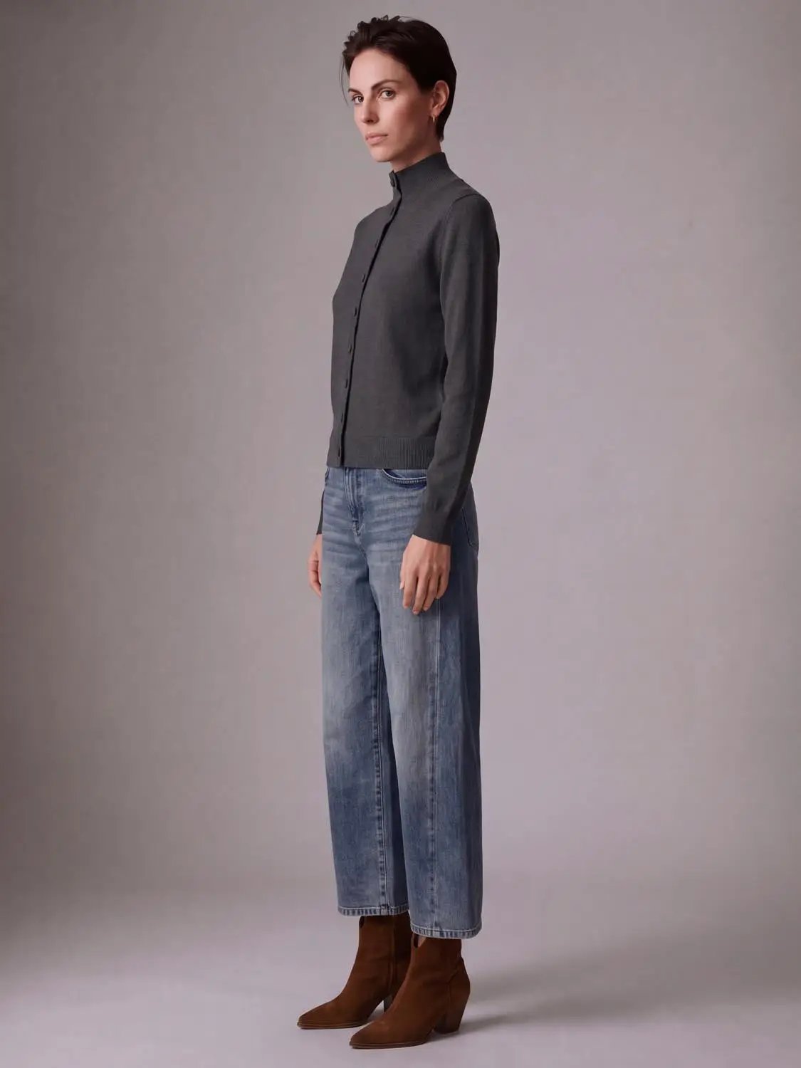 Mock neck button-up knitted cardigan by Urban Revivo Fashion in grey knit