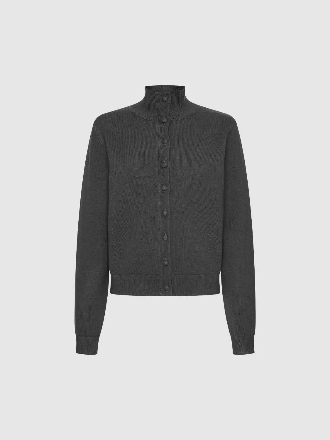 Mock-neck knitted cardigan with button-front in charcoal gray