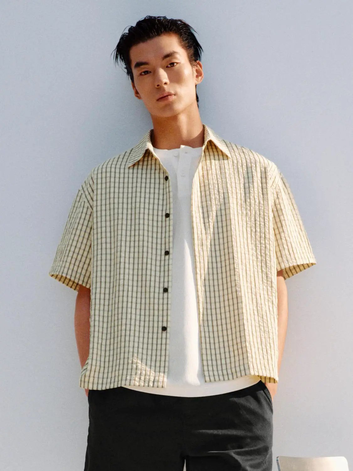 Button-front shirt, beige checkered short-sleeve by Urban Revivo Fashion.