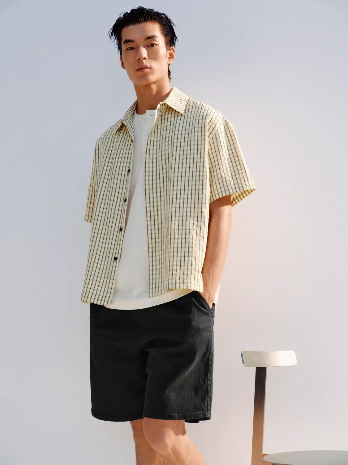 Button-front shirt in beige check with short sleeves