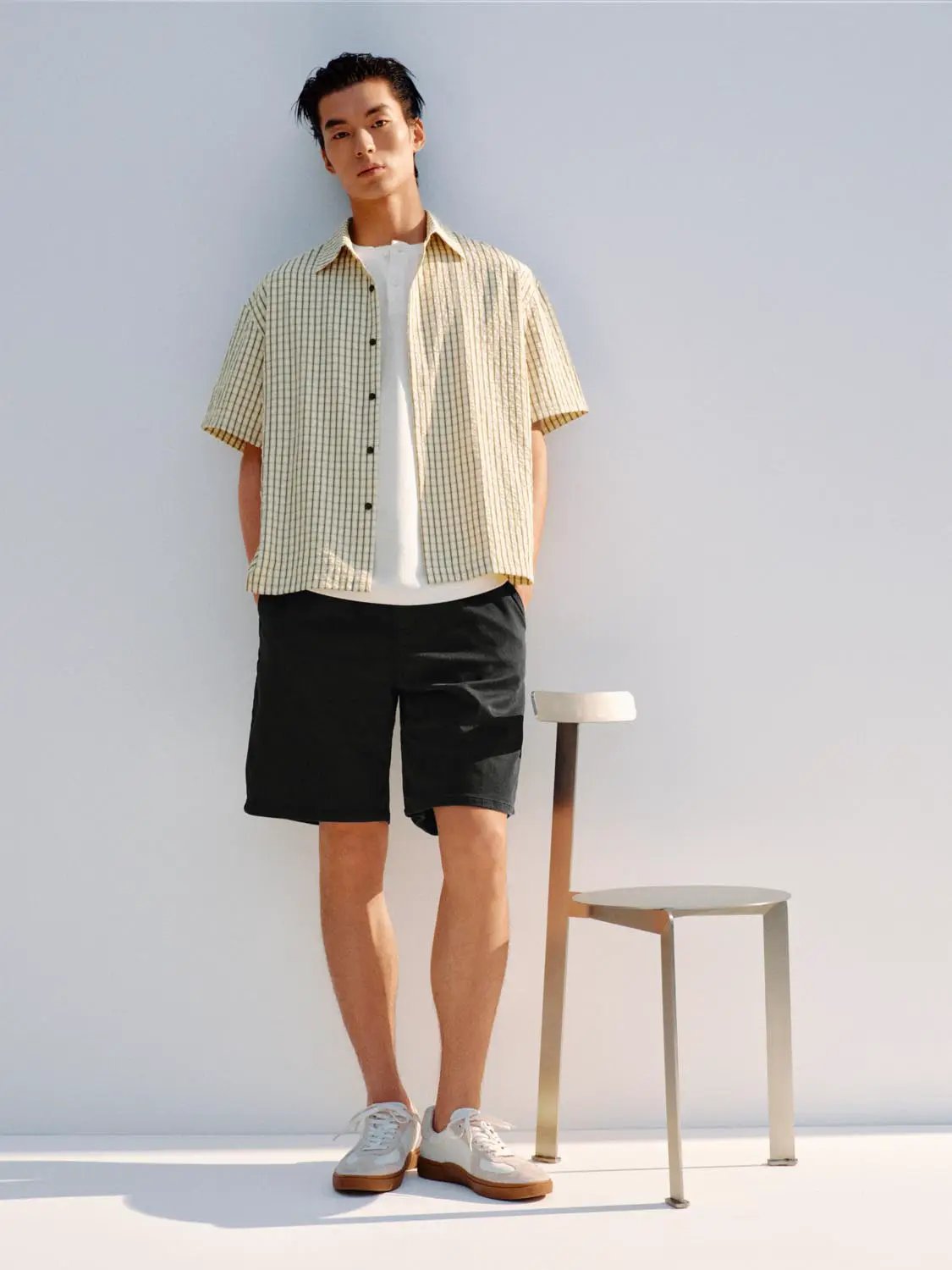 Button-front shirt; beige checkered short-sleeve by Urban Revivo Fashion.