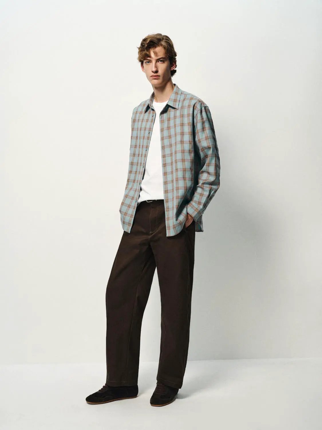 Open-Front Shirts in blue-brown plaid by Urban Revivo Fashion, worn over a white tee.