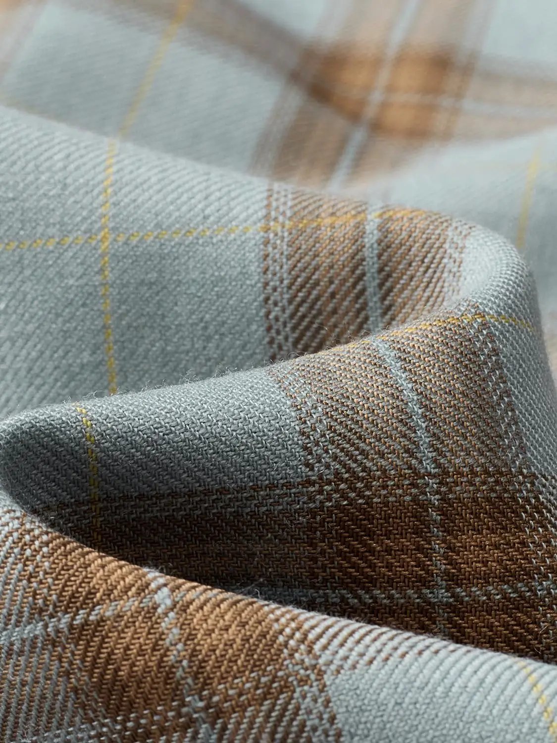 Open-Front Shirts in gray and brown plaid fabric with yellow stripes