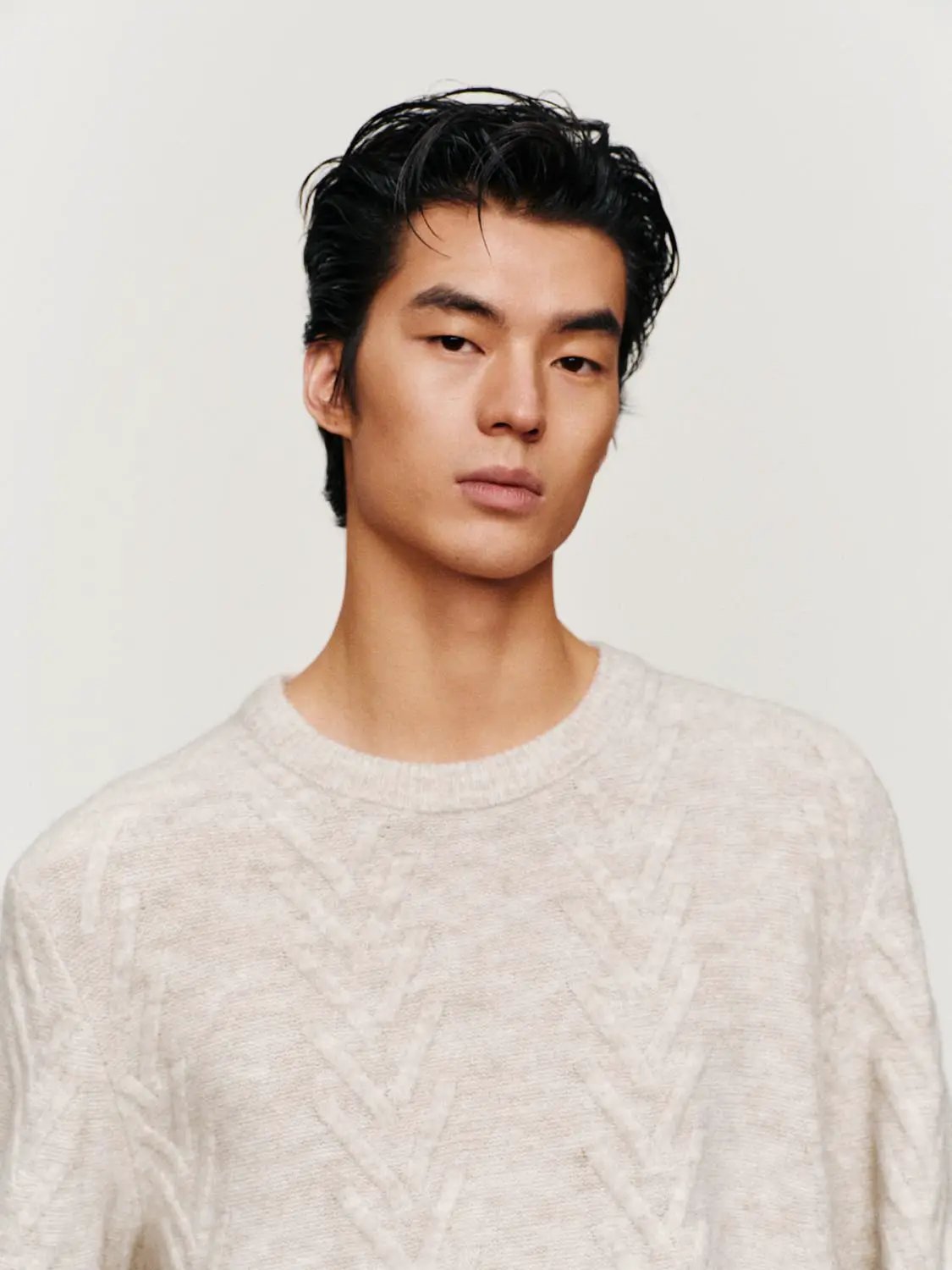 Knit Top beige cable-knit sweater with crew neck on model.