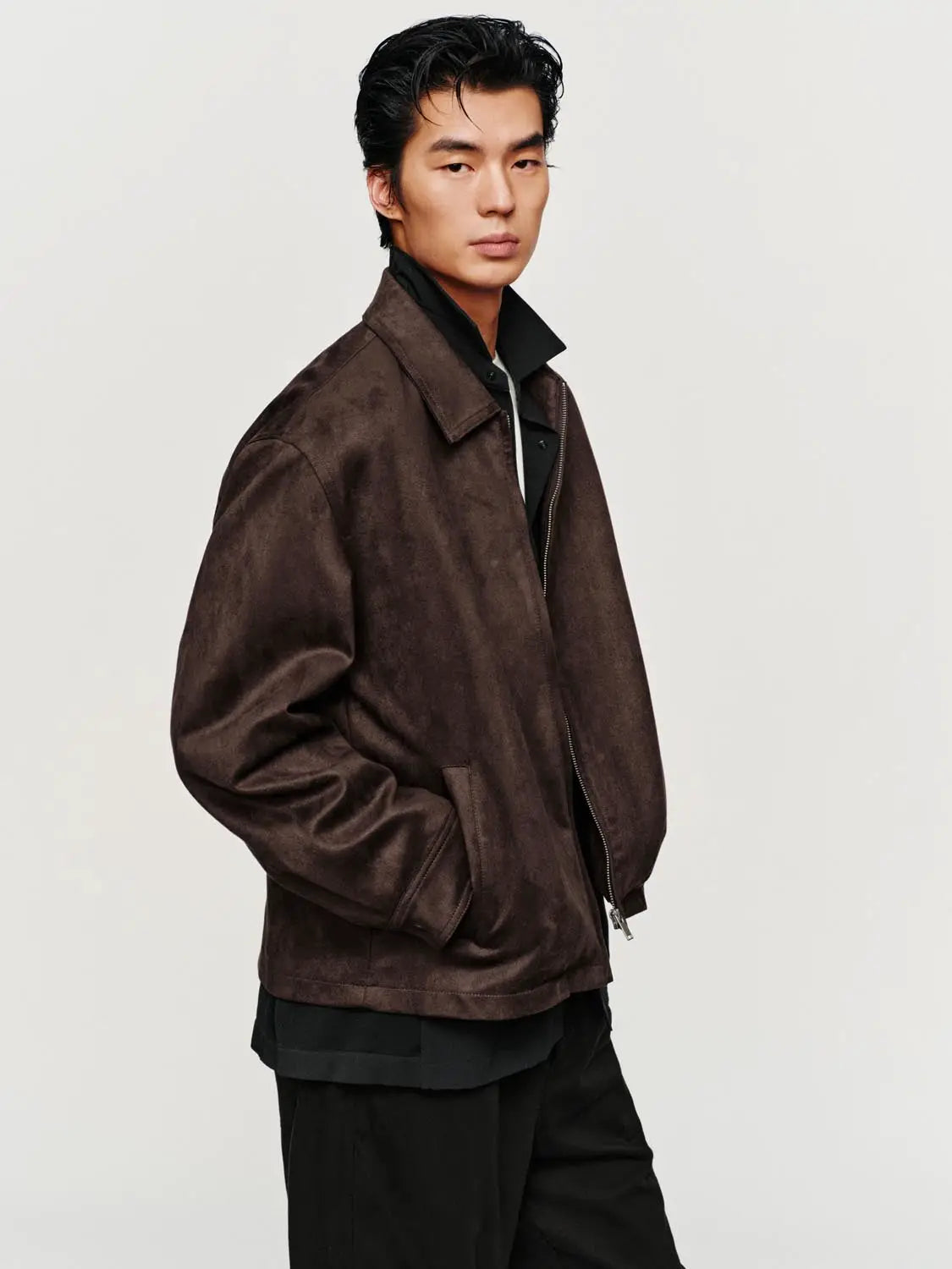 Jacket by Urban Revivo Fashion; brown suede jacket with zip front, oversized fit.