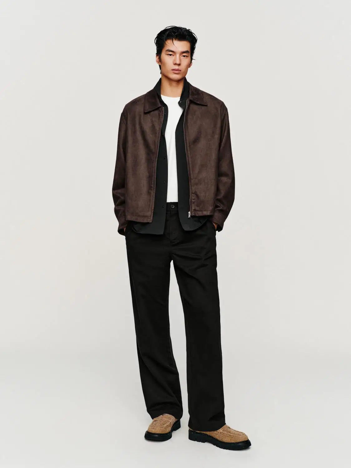Brown suede jacket for men by Urban Revivo Fashion, shown over white tee with black trousers.