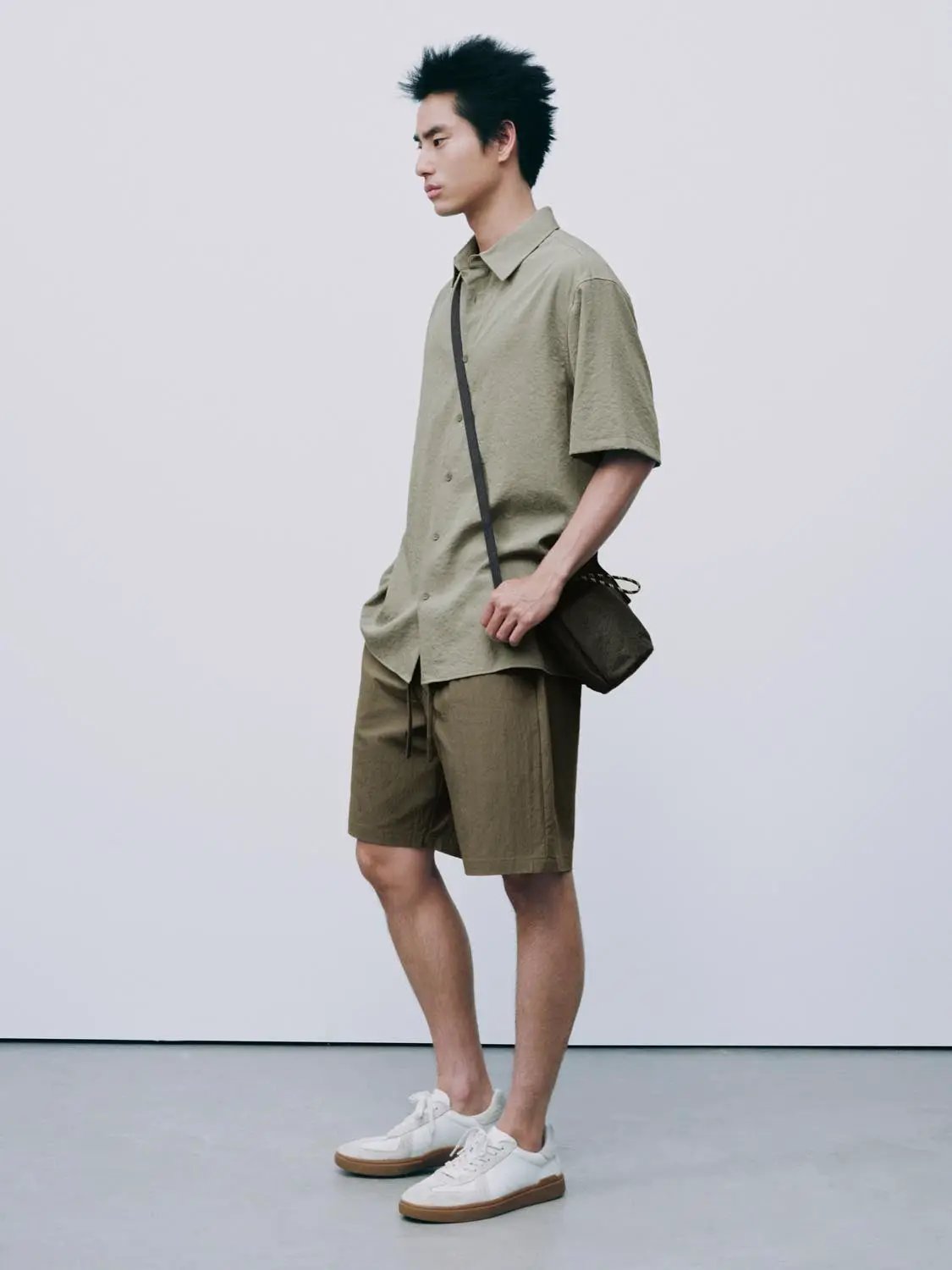 Open-Front Shirt, olive color, short-sleeve style for casual wear