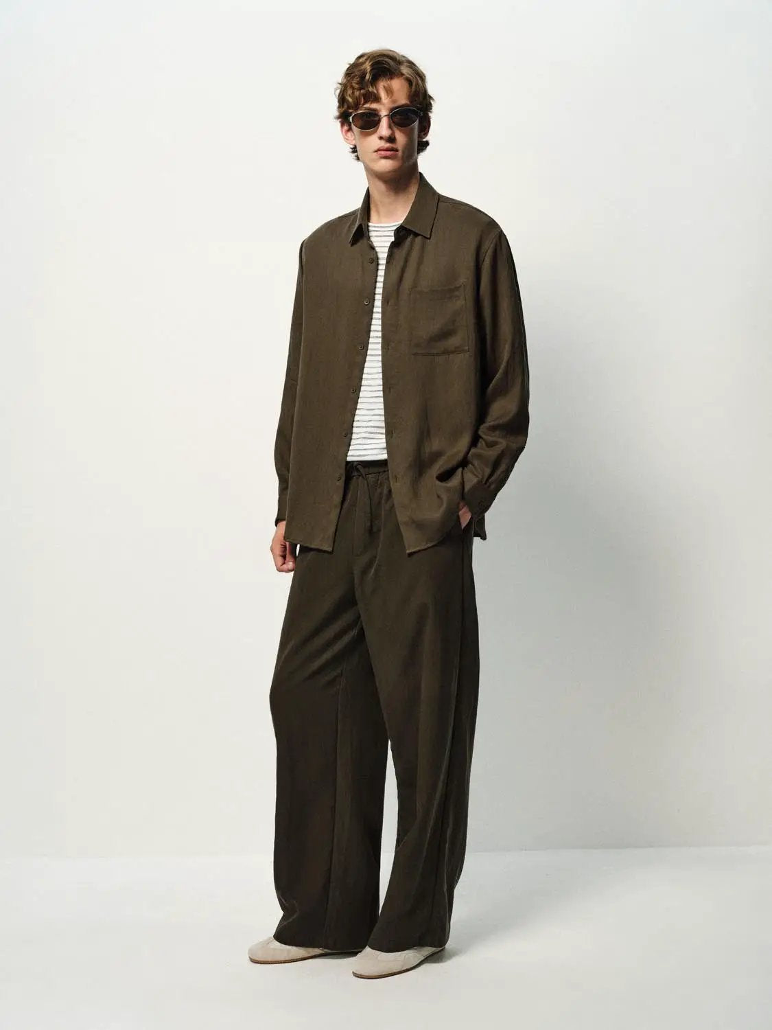 Cardigan Shirt by Urban Revivo, olive-brown long-sleeve button-front with chest pocket.