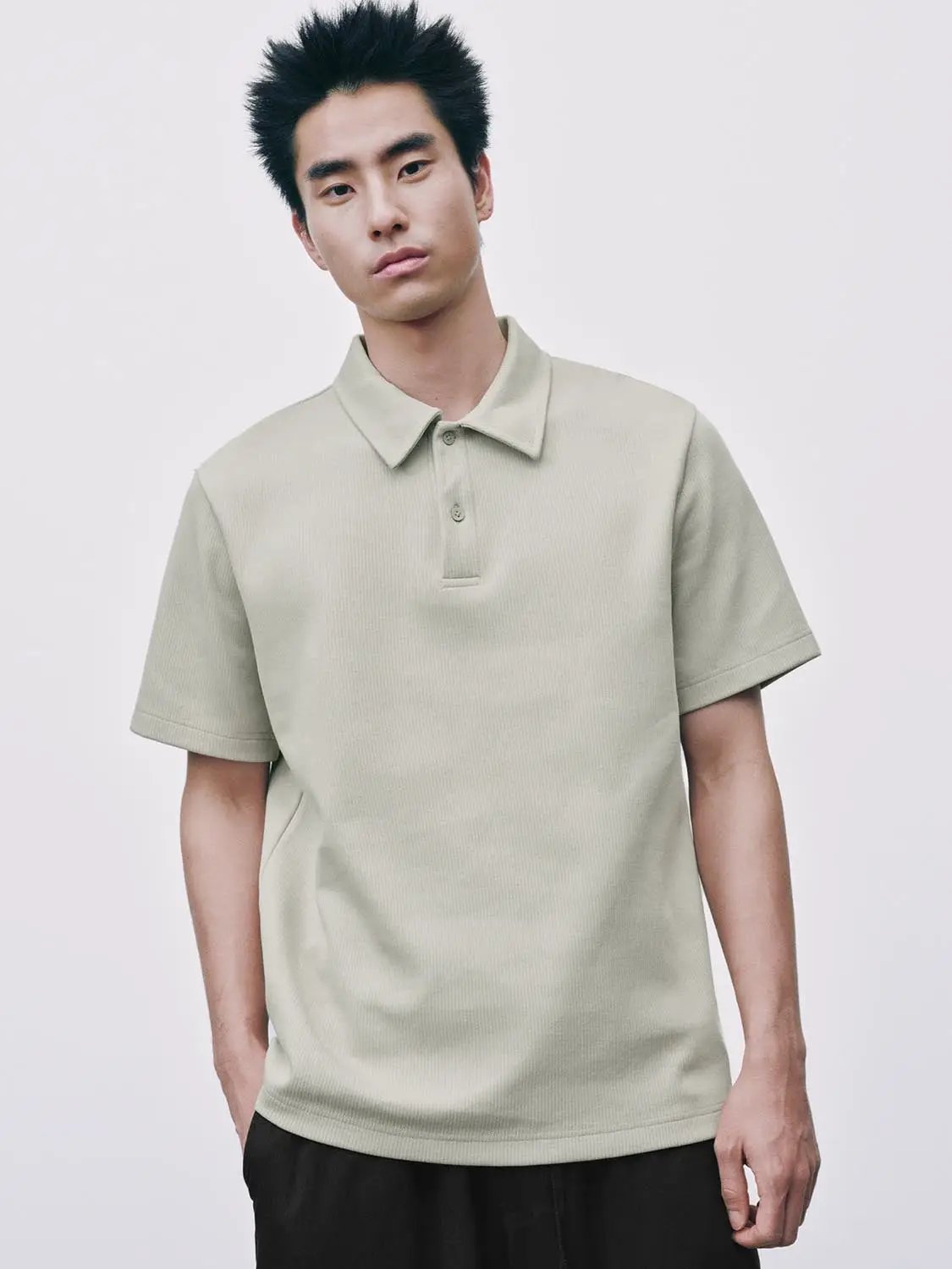 Textured Brushed Polo Cotton Blend Shirt in light beige, short-sleeve