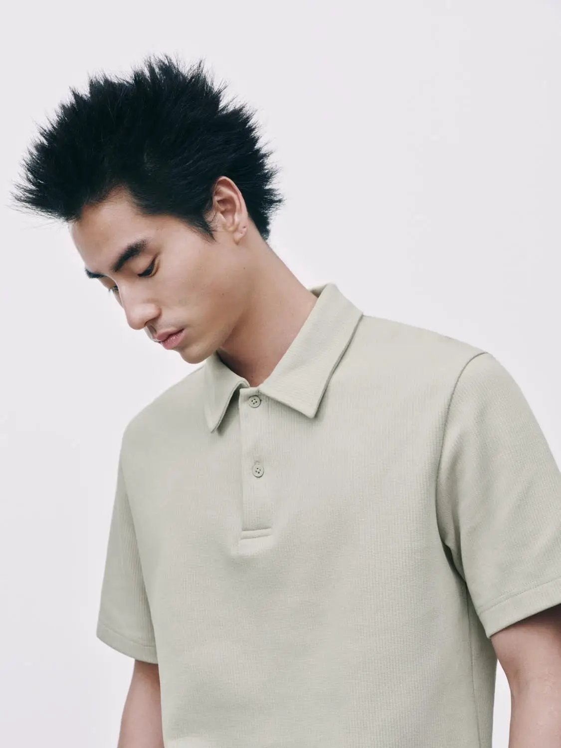 Textured Brushed Polo Cotton Blend Shirt in beige by Urban Revivo Fashion.