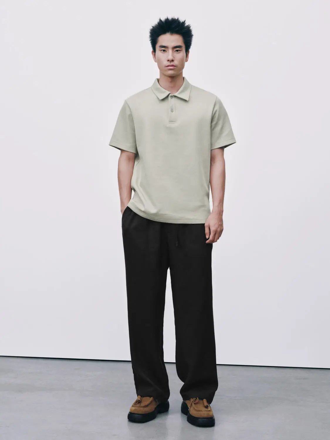 Textured Brushed Polo Cotton-Blend Shirt, beige, men's shirt by Urban Revivo Fashion