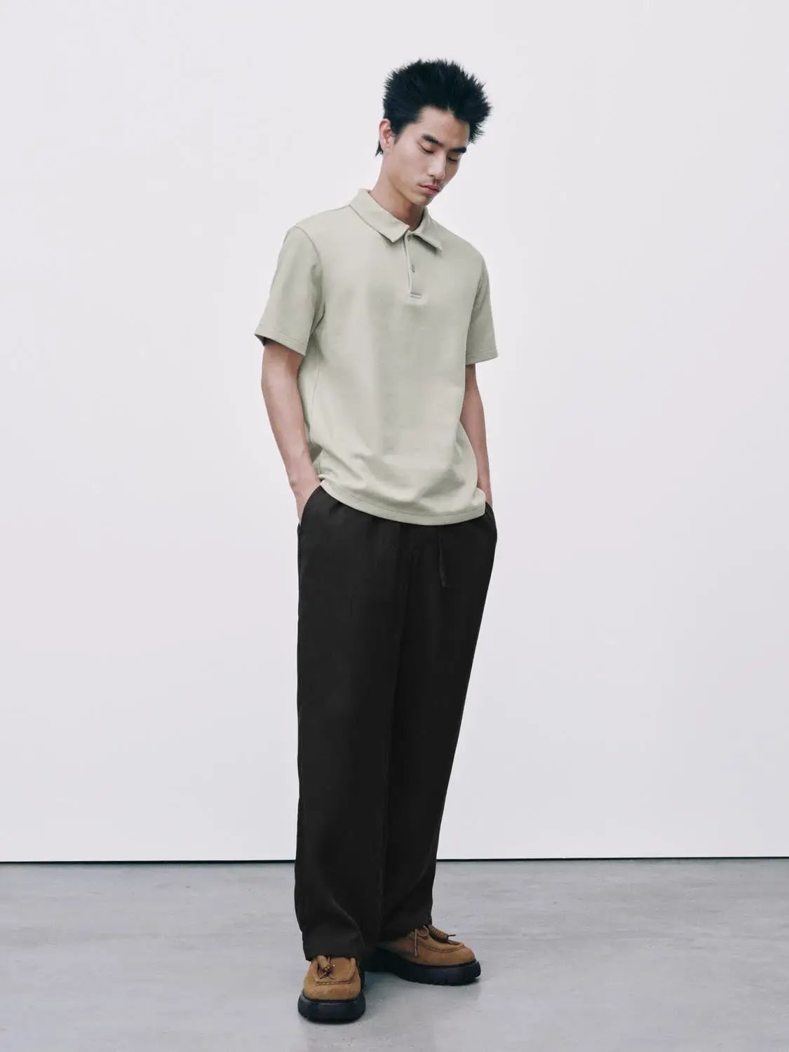 Textured Brushed Polo Cotton Blend Shirt, light beige, men's short-sleeve polo.