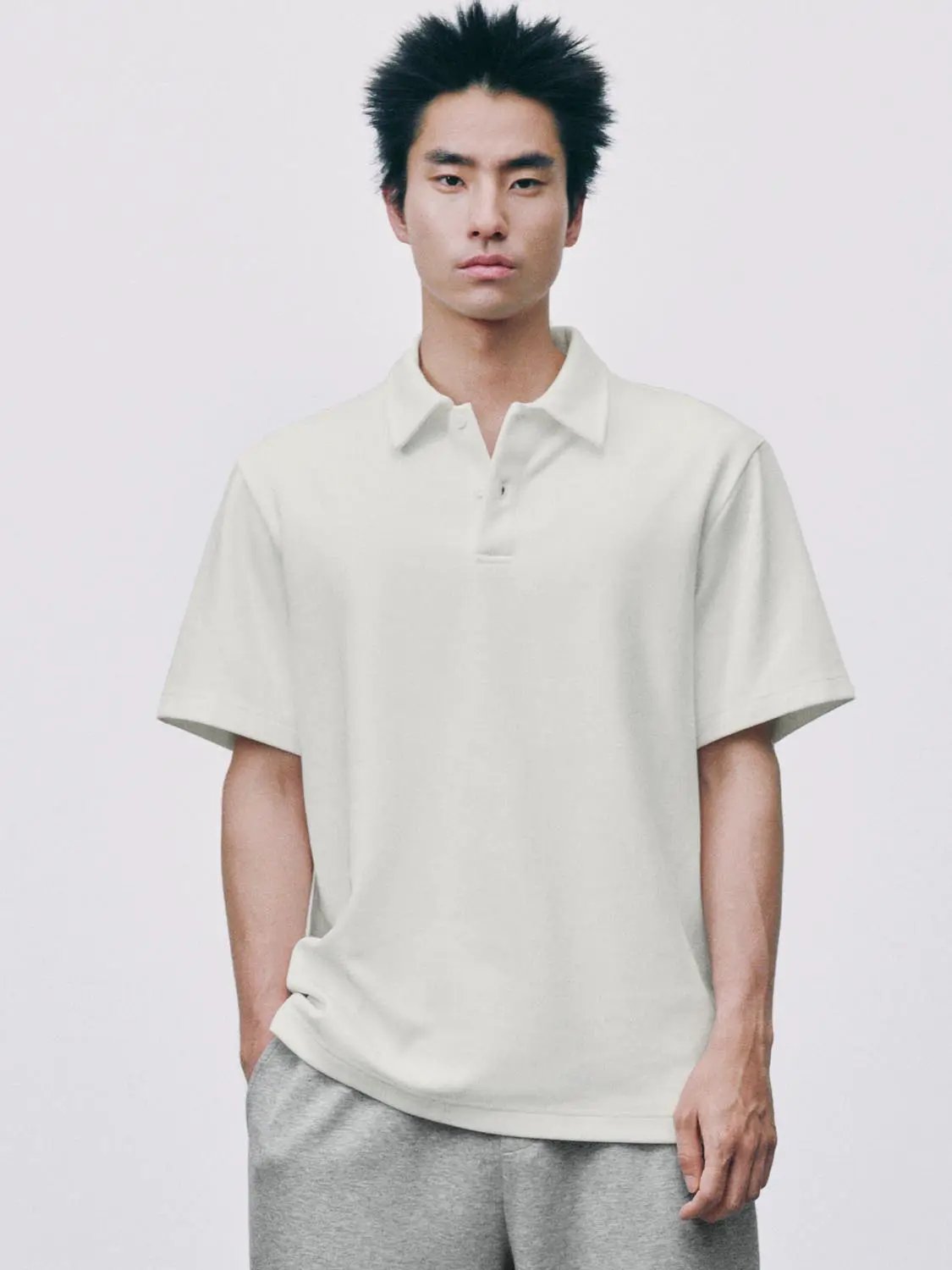 Textured brushed polo cotton-blend shirt, white, Urban Revivo Fashion