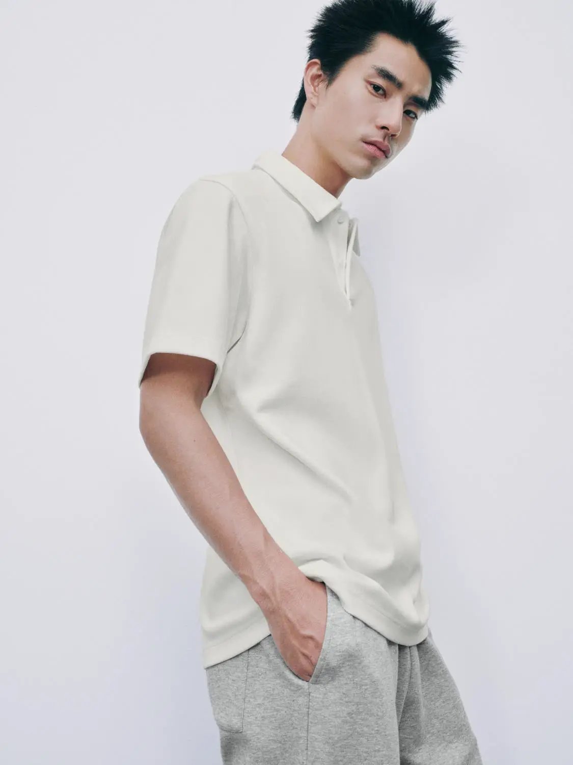 Textured Brushed Polo Cotton Blend Shirt, cream, short-sleeve polo