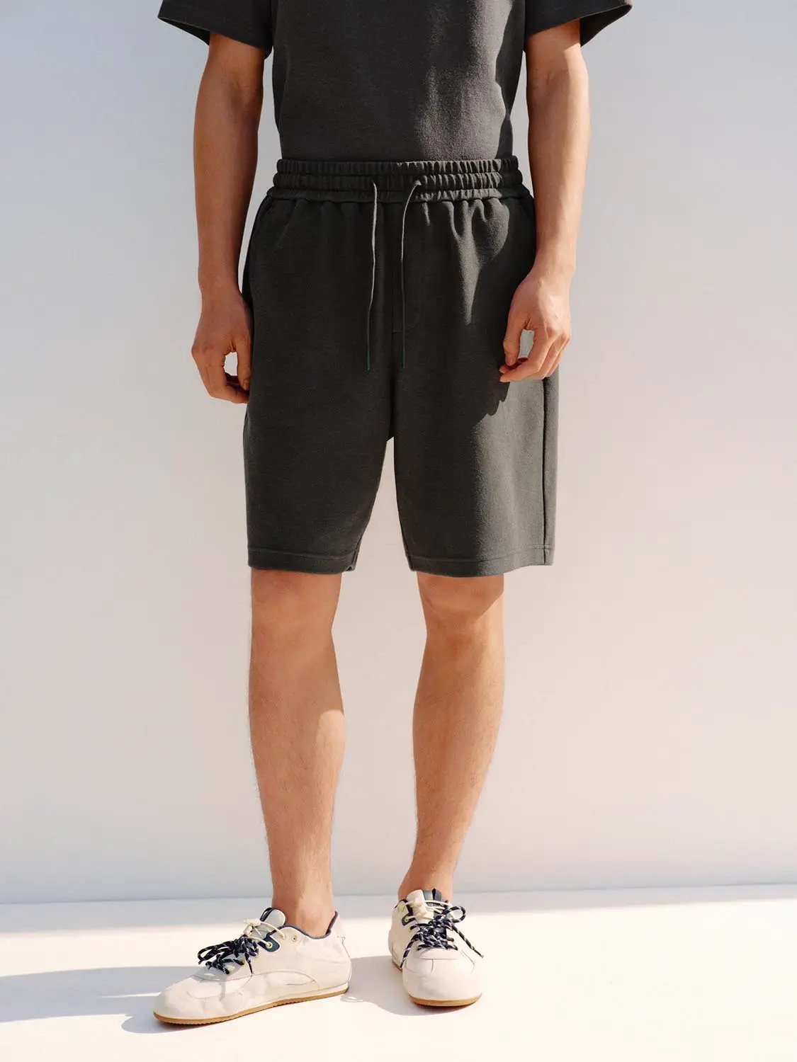 Elastic Drawstring Waist Cotton Blend Shorts by Urban Revivo Fashion, charcoal gray men's shorts
