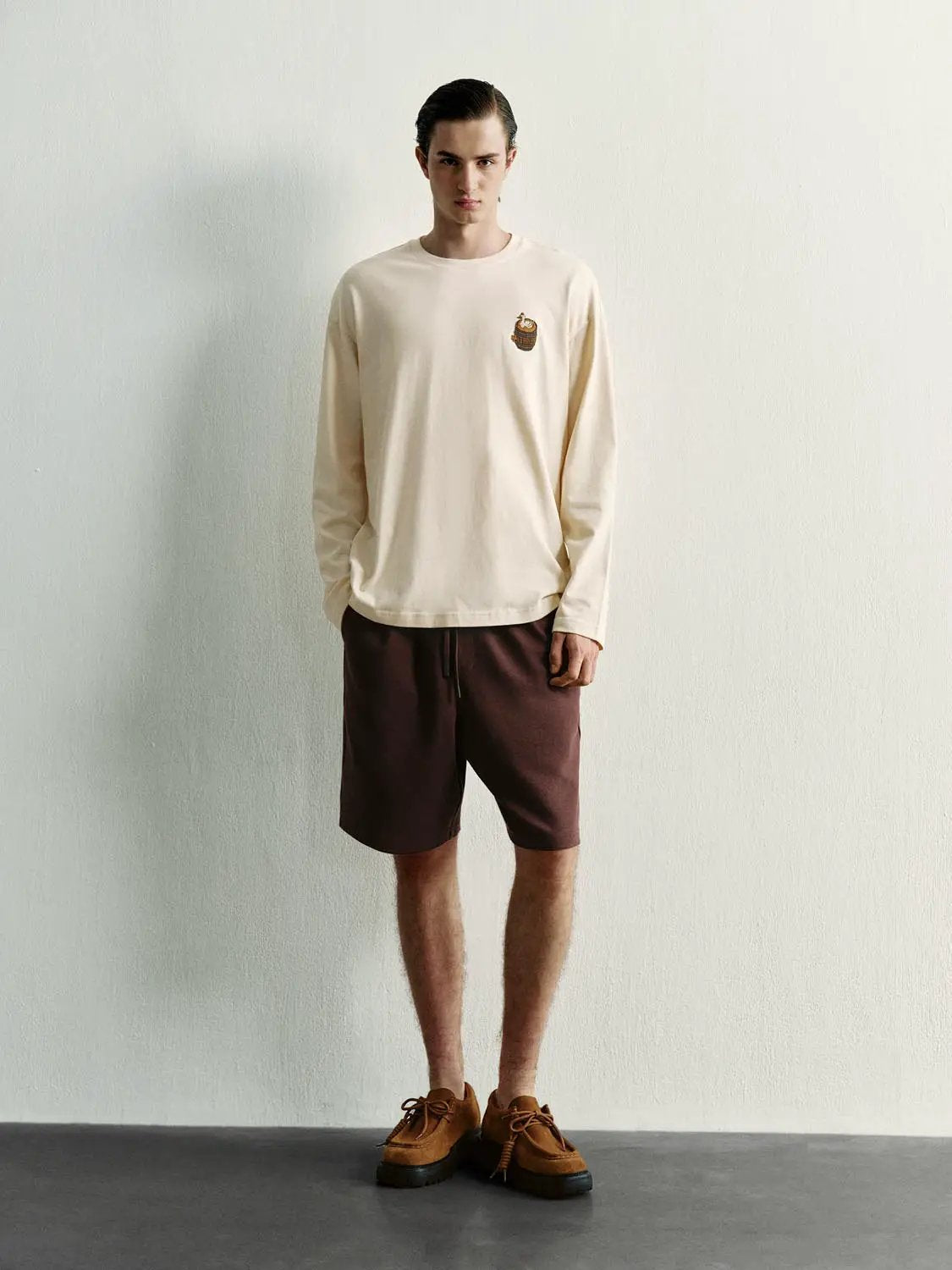 Elastic Drawstring Waist Cotton Blend Shorts, brown, men's, Urban Revivo Fashion