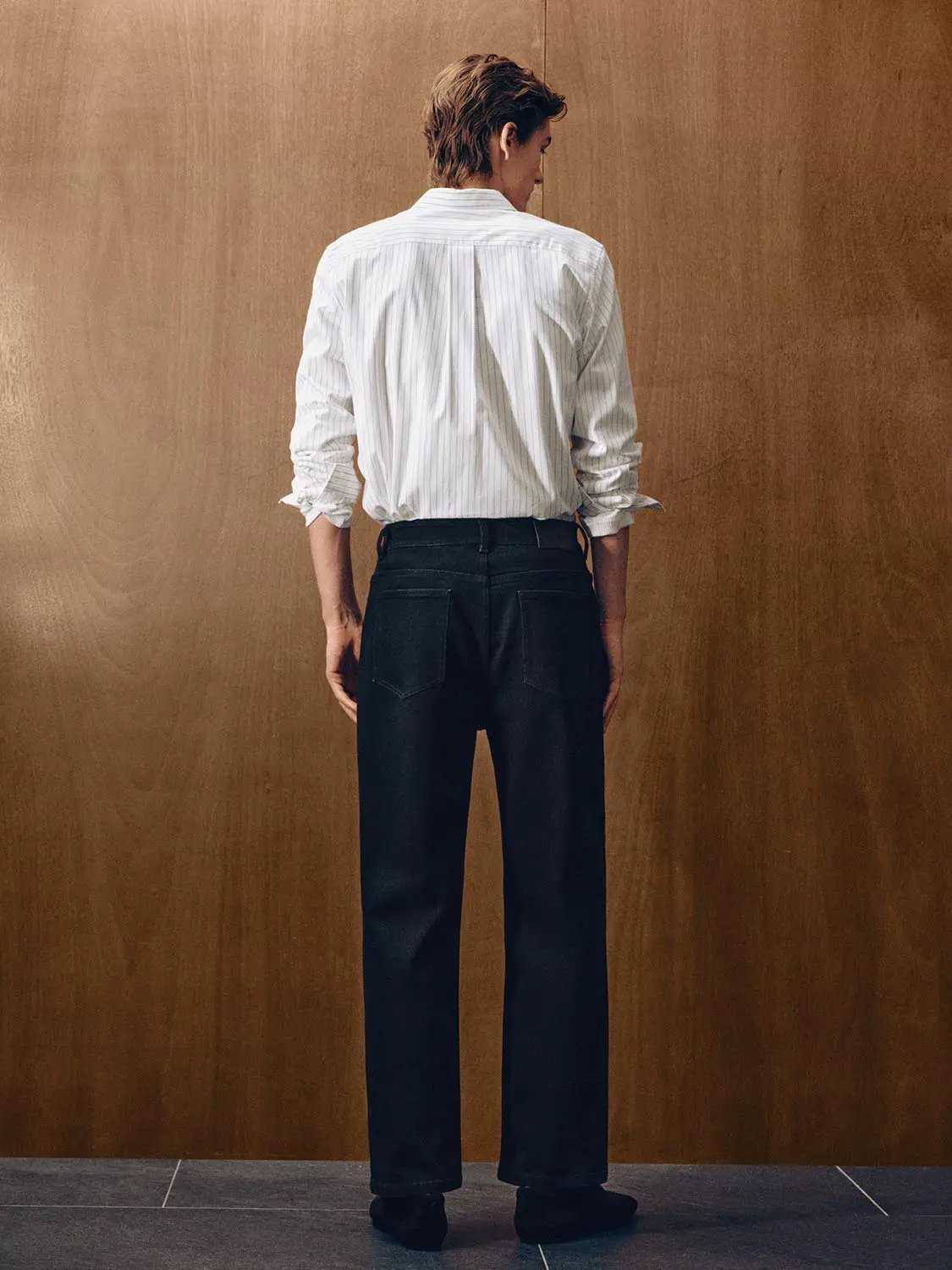 Striped white cotton shirt with collar and long sleeves; back view