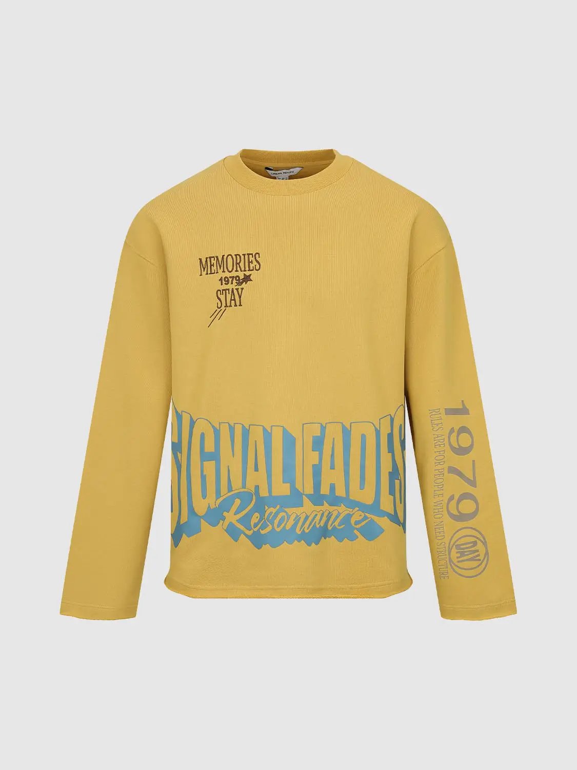Sweatshirt Urban Revivo Fashion mustard yellow with blue graphic across hem and chest.