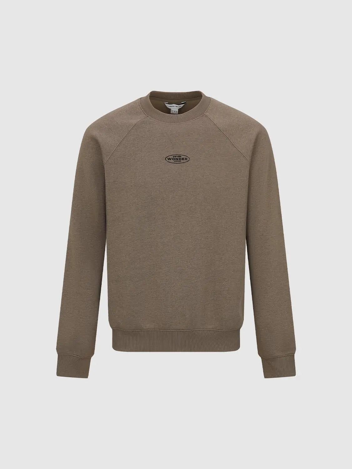 Sweatshirt by Urban Revivo in taupe brown with small chest logo, crew neck fleece knit