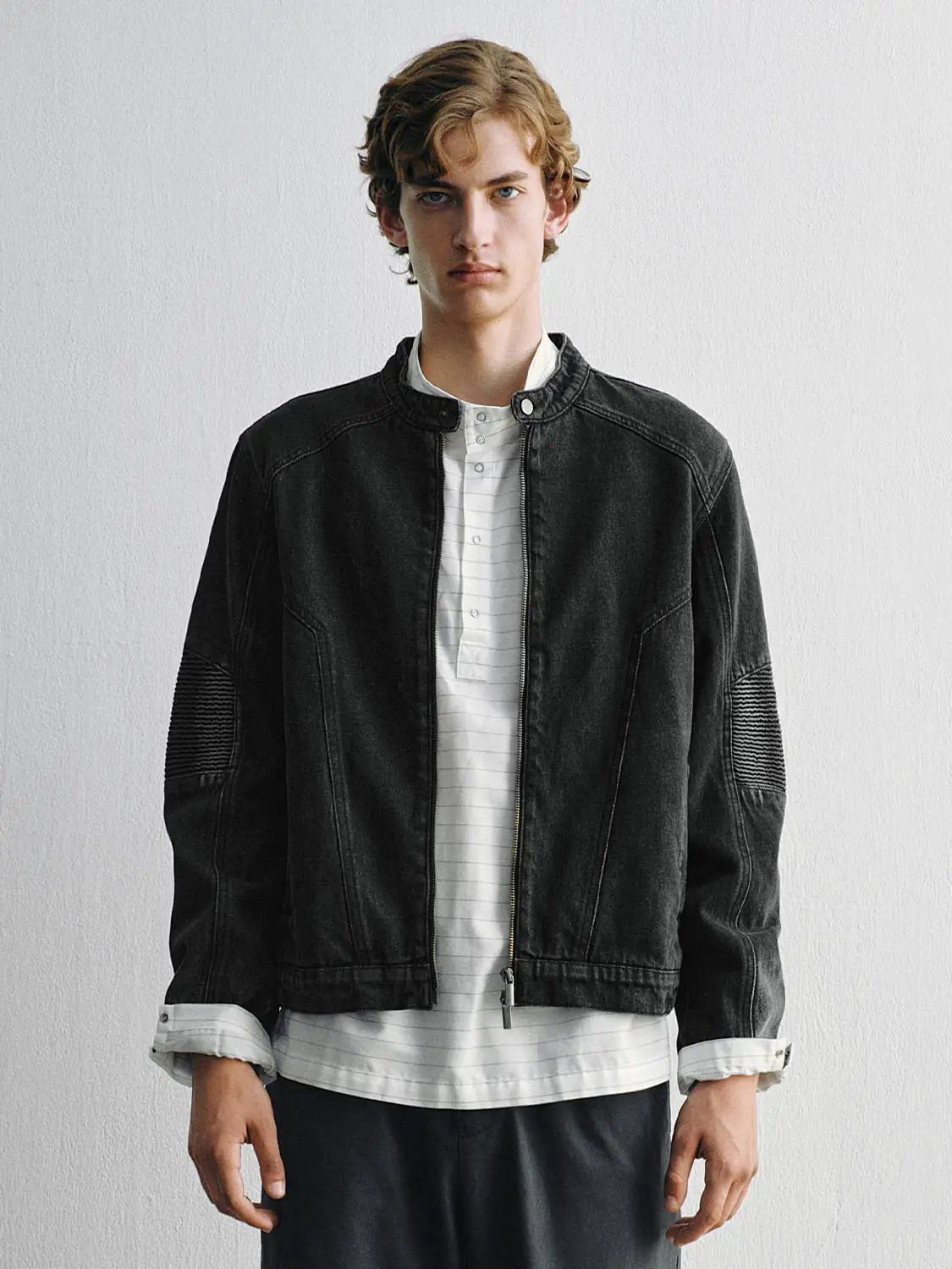 Denim Jackets by Urban Revivo Fashion in black wash with zip front and ribbed elbow panels.