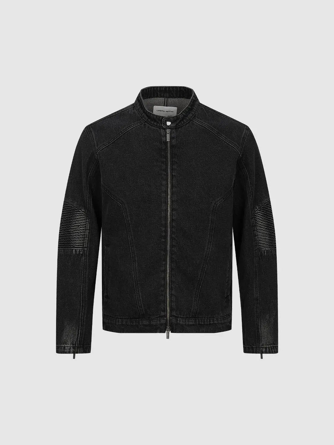 Denim jacket by Urban Revivo in black with zip front and quilted sleeve panels
