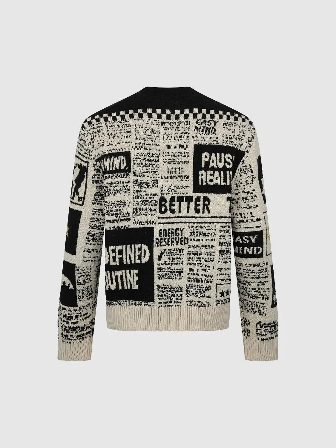 Knit T-Shirt by Urban Revivo Fashion, black and beige newspaper-print pattern