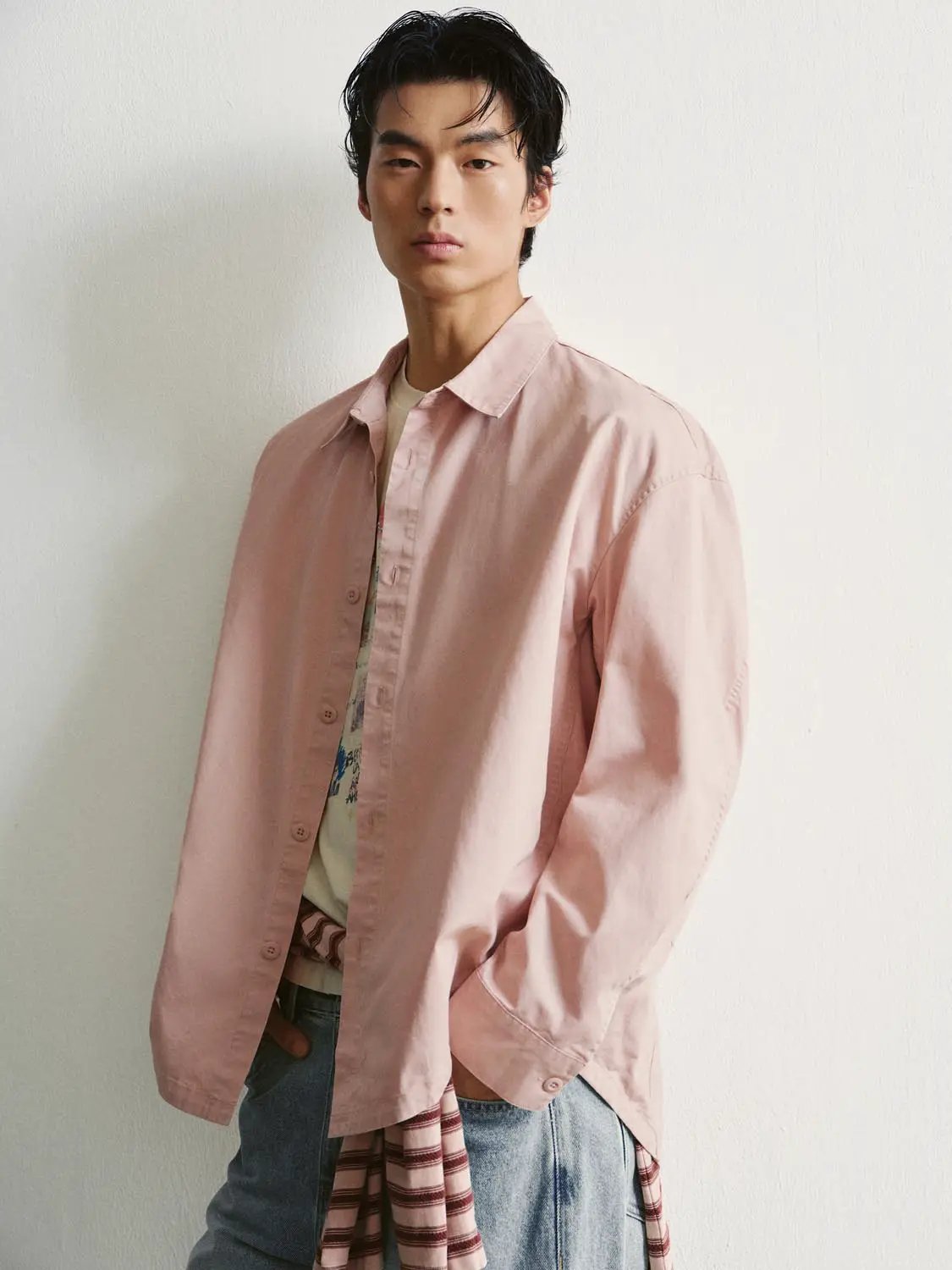 Button-front Shirt by Urban Revivo Fashion in pale pink, long-sleeve casual wear