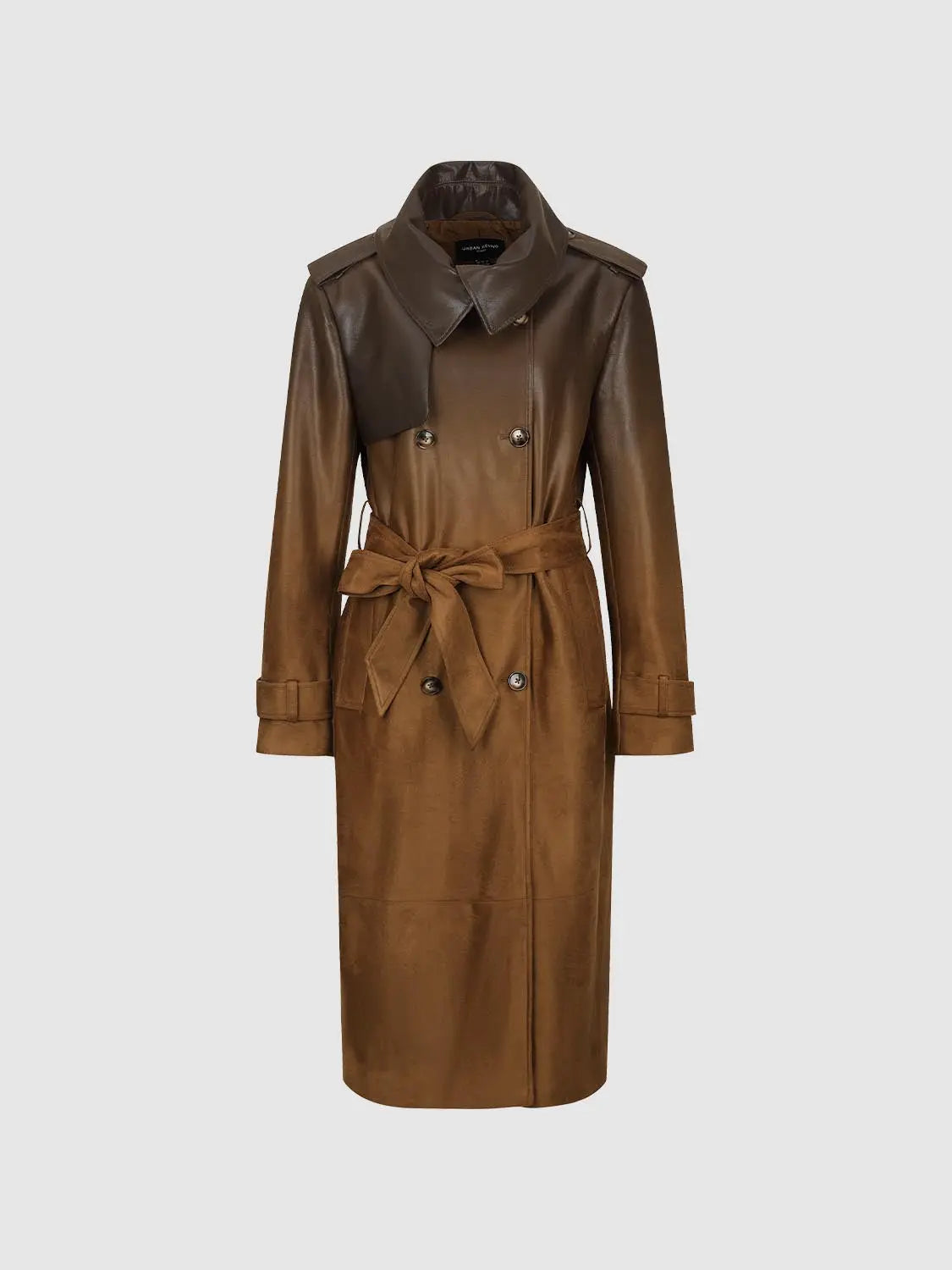 Trench coat in brown faux leather by Urban Revivo with belt and double-breasted buttons