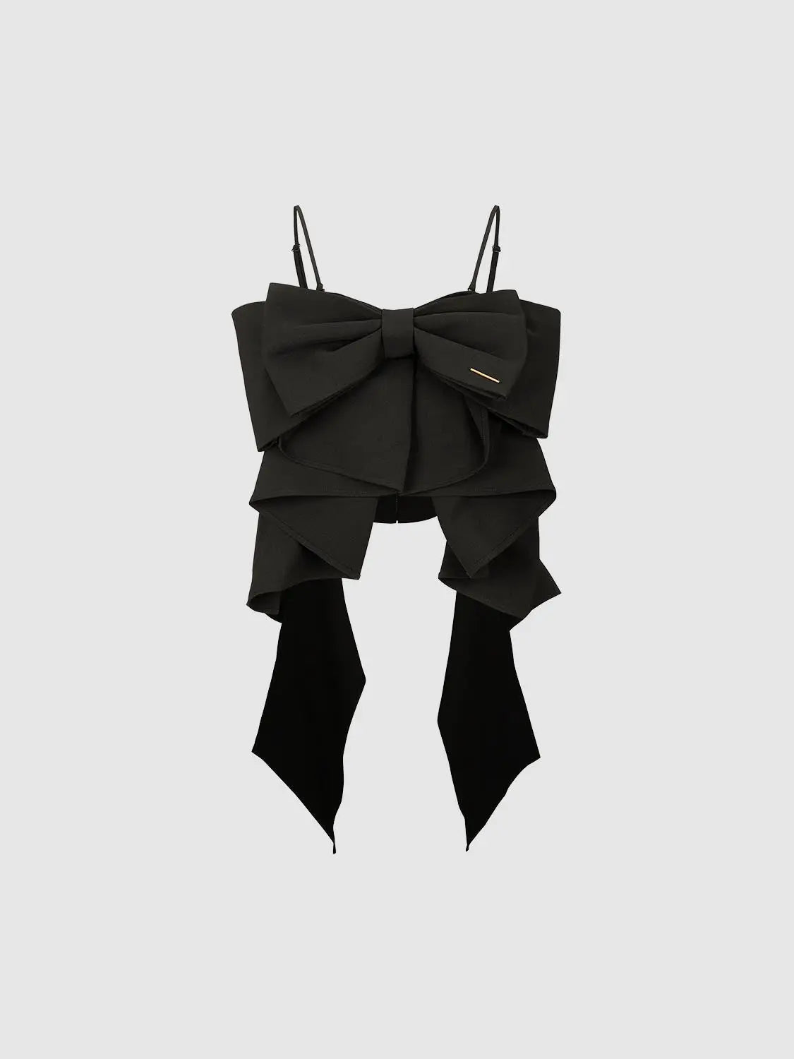 Black camisole with oversized front bow and cascading layered ruffles