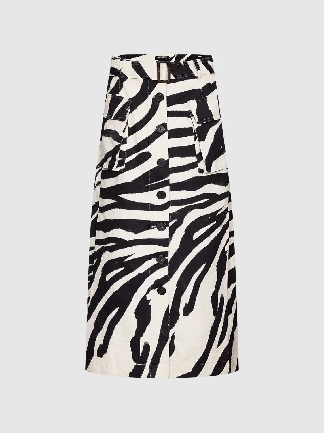 Cotton zebra print button-front cargo skirt by Urban Revivo Fashion; black and white striped, belted straight skirt