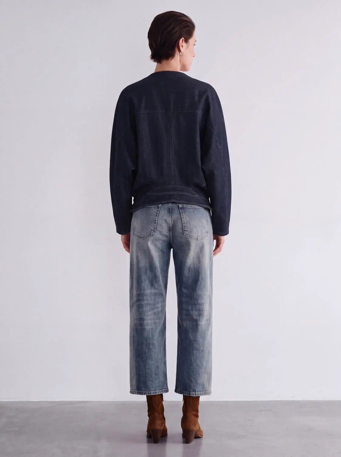V-Neck Oversized Knot Hem Textured Weave Cotton Jacket, dark indigo, back view