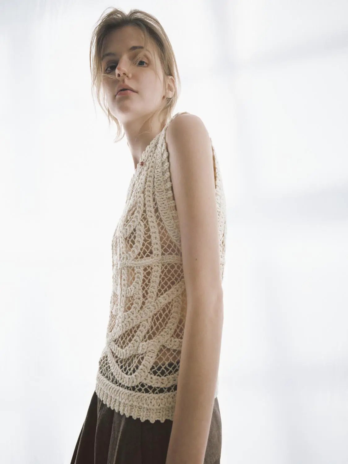 Textured openwork crochet knit cotton T-shirt in cream by Urban Revivo Fashion