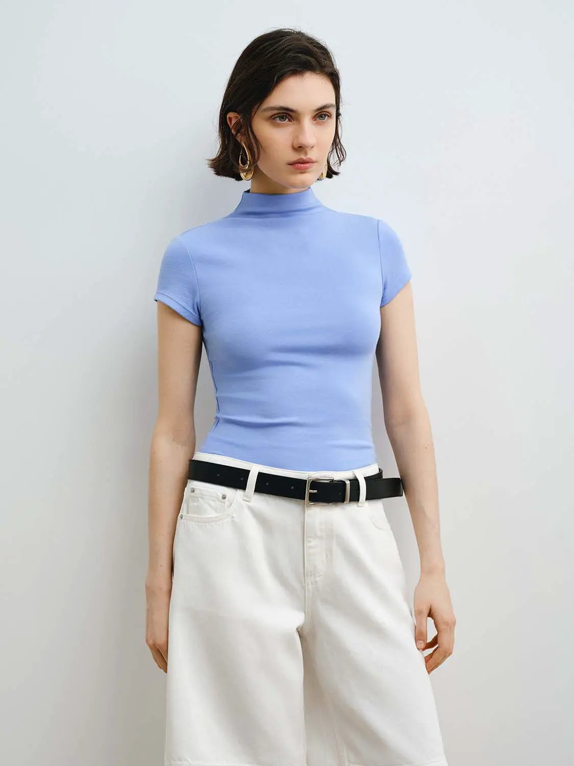 Women's light-blue modal knit T-shirt with a smooth finish and short sleeves