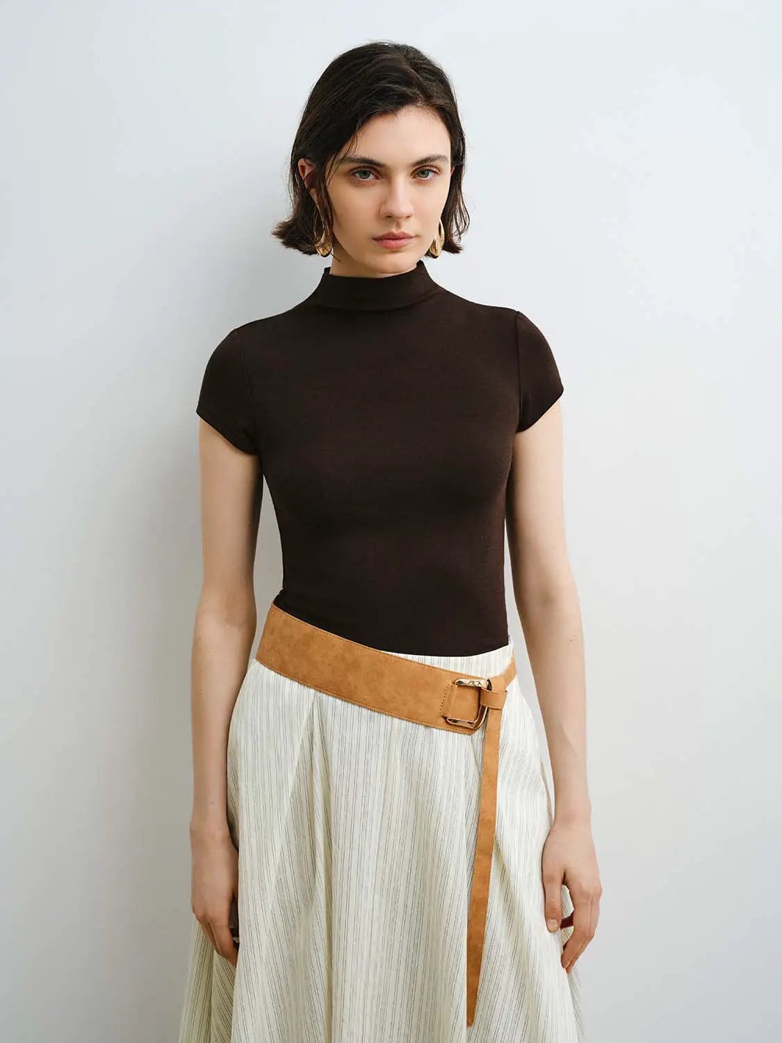 Modal knit T-shirt by Urban Revivo in black with a smooth finish, high-neck, short sleeves