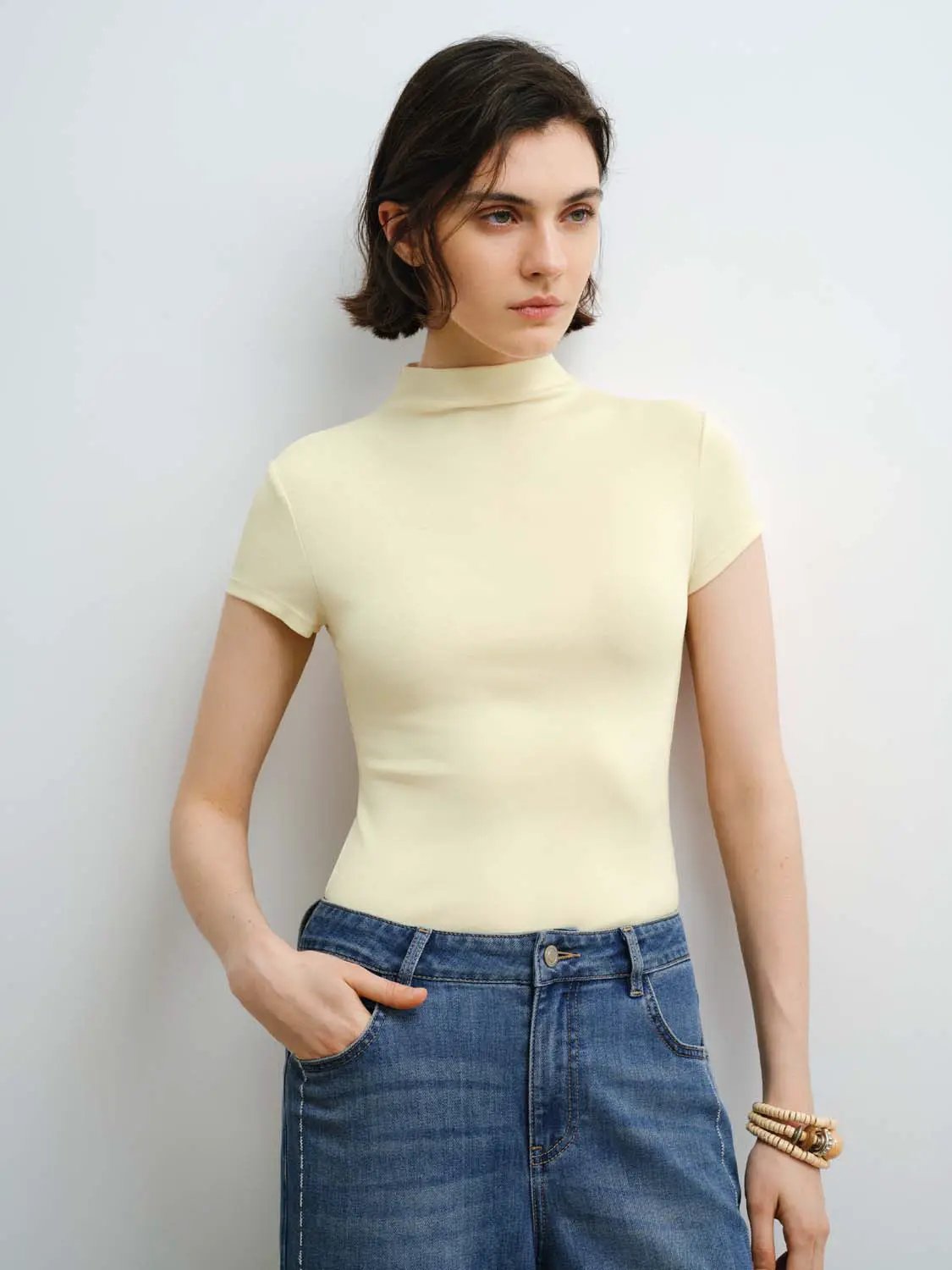 Modal knit T-shirt in cream with smooth finish, Urban Revivo Fashion.